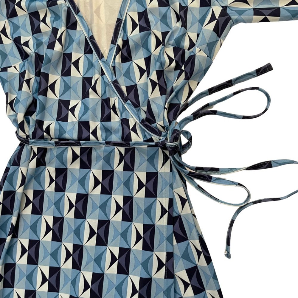 Long-Sleeve Wrap-Dress with Blue Geo Print by Melissa M